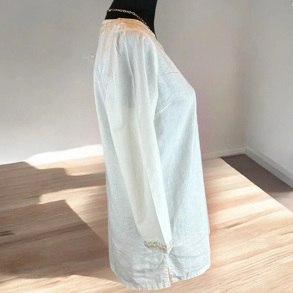 Eddie Bauer Ivory V Neck Embroidered Tunic 3/4 Sleeve Linen Rayon Womens  M Boho - Picture 4 of 7